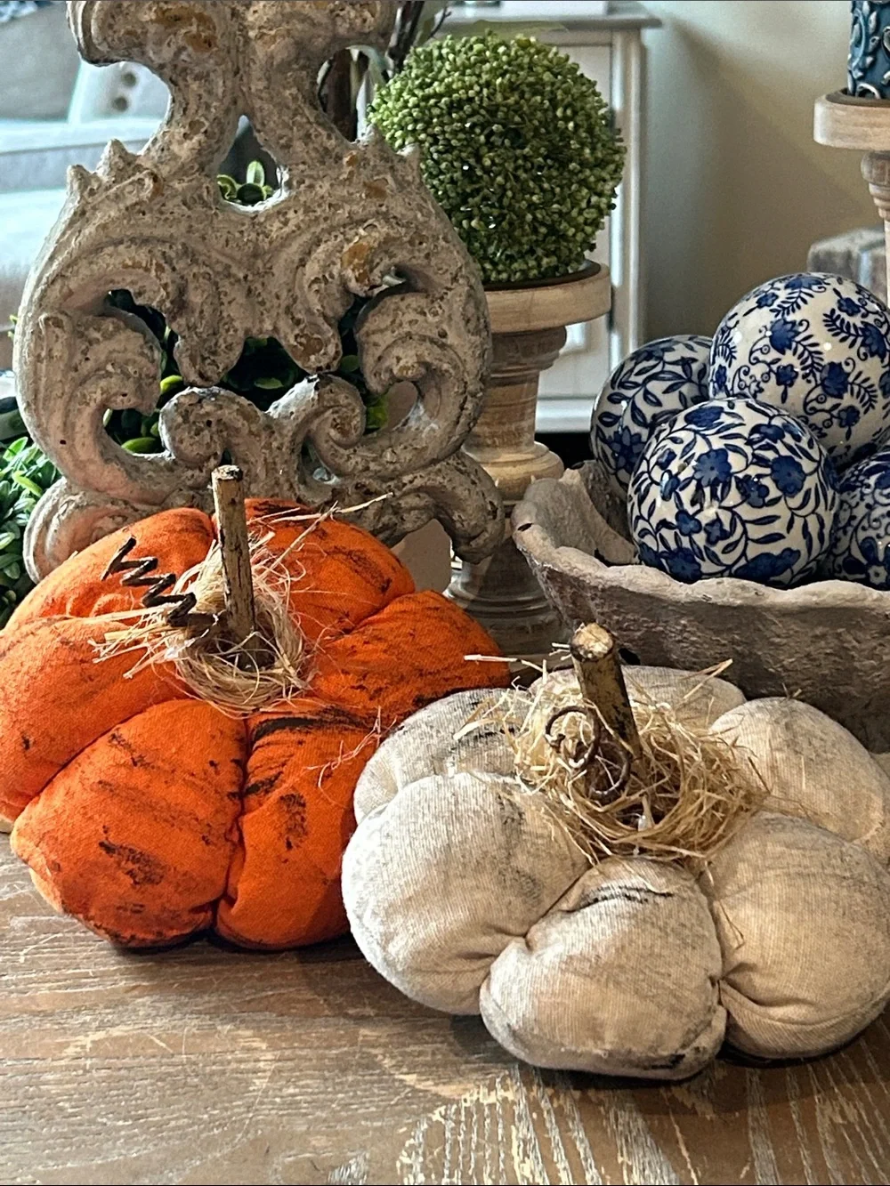NEW! Fall Harvest Creamy White & Orange Country Farmhouse Pillow Pumpkin Set